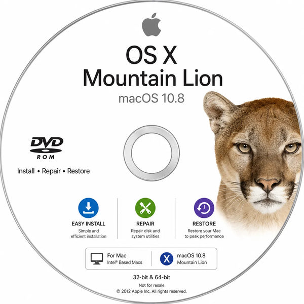macOS 10.8 Mountain Lion Recovery Reinstall Bootable DVD